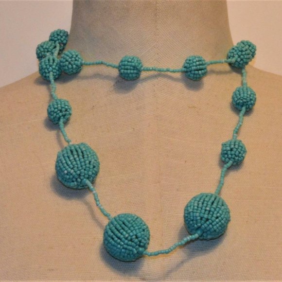 COLDWATER CREEK Spherical Silver tone Turquoise Glass Seed Beads 34" Nec… - Picture 2 of 5